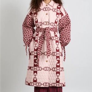Quilted Pink & Burgundy Patterned Belted Coat
